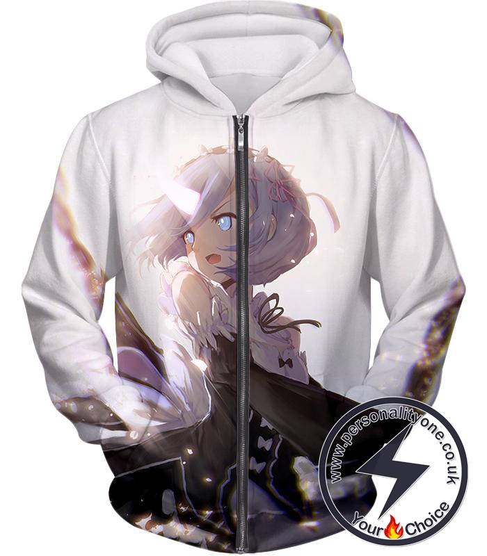 Re:Zero Super Cute Rem White Anime Action Zip Up Hoodie